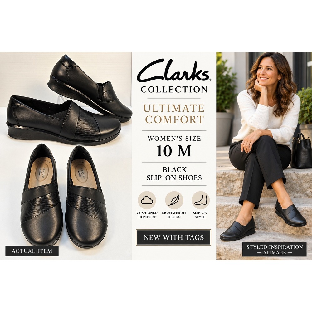 Clarks Hope Piper Slip On Womens Leather Loafer Black 10 M NWT Comfort